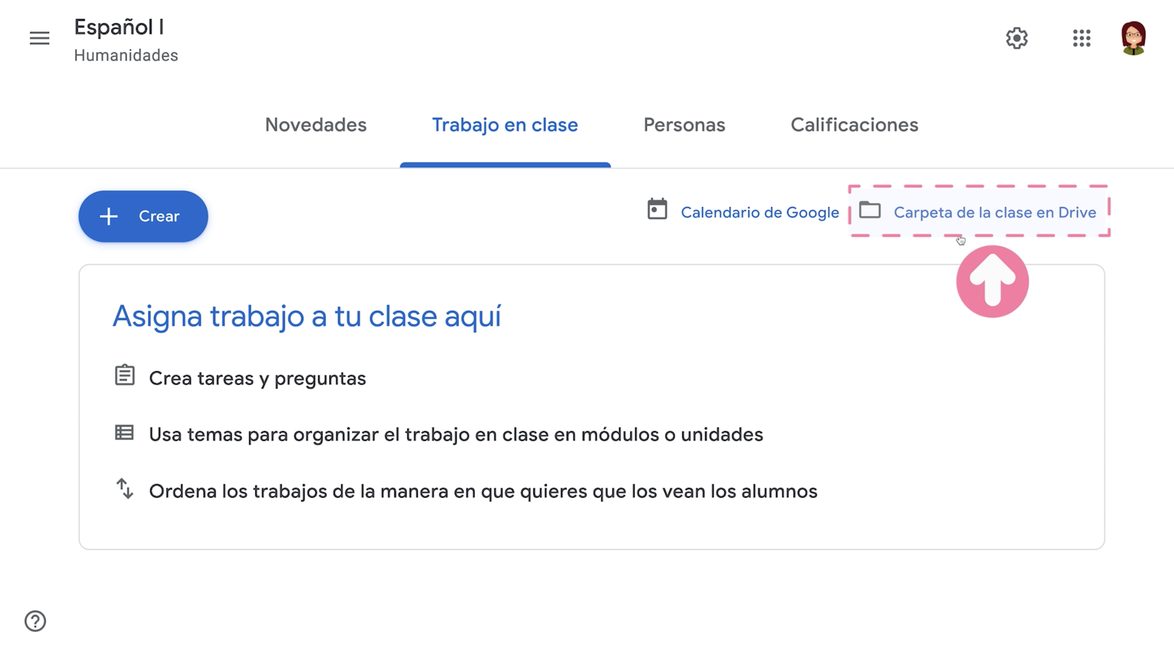 Hacer clic en opción Carpeta de Drive de la Clase en clase de Google Classroom